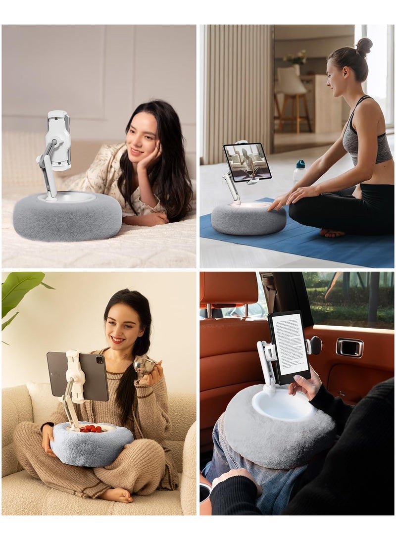 XiuWoo Tablet Stand Round Pillow, Compatible with 4.7-13 inch Phone/Tablet, iPad, iPhone, Samsung,Kindle, 360°Adjustable Phone Holder with Soft Plush Fabric ,with Small Storage Bowl, Removable Suction Base for Stability, Idea for Kindle Reading and Video Watching On Bed,Grey  - Image 2