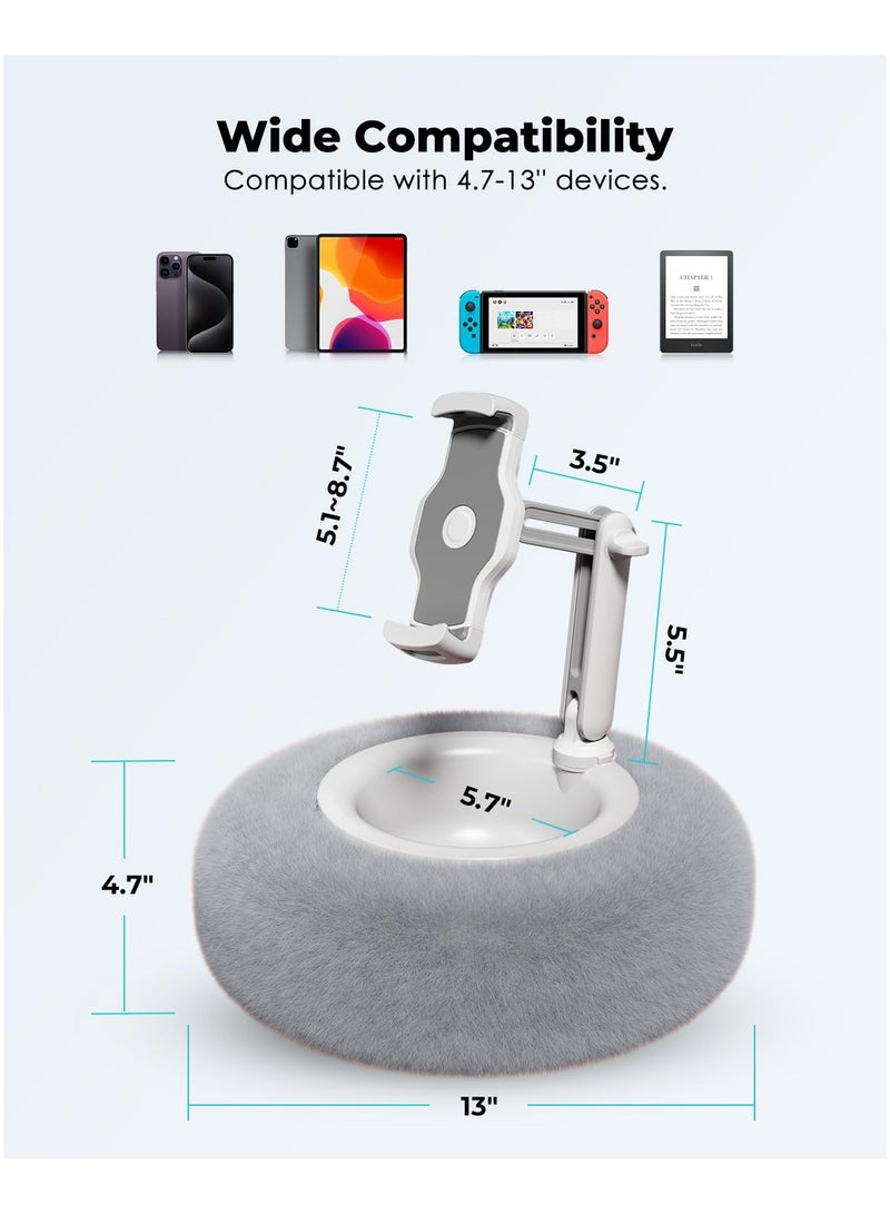 XiuWoo Tablet Stand Round Pillow, Compatible with 4.7-13 inch Phone/Tablet, iPad, iPhone, Samsung,Kindle, 360°Adjustable Phone Holder with Soft Plush Fabric ,with Small Storage Bowl, Removable Suction Base for Stability, Idea for Kindle Reading and Video Watching On Bed,Grey  - Image 3