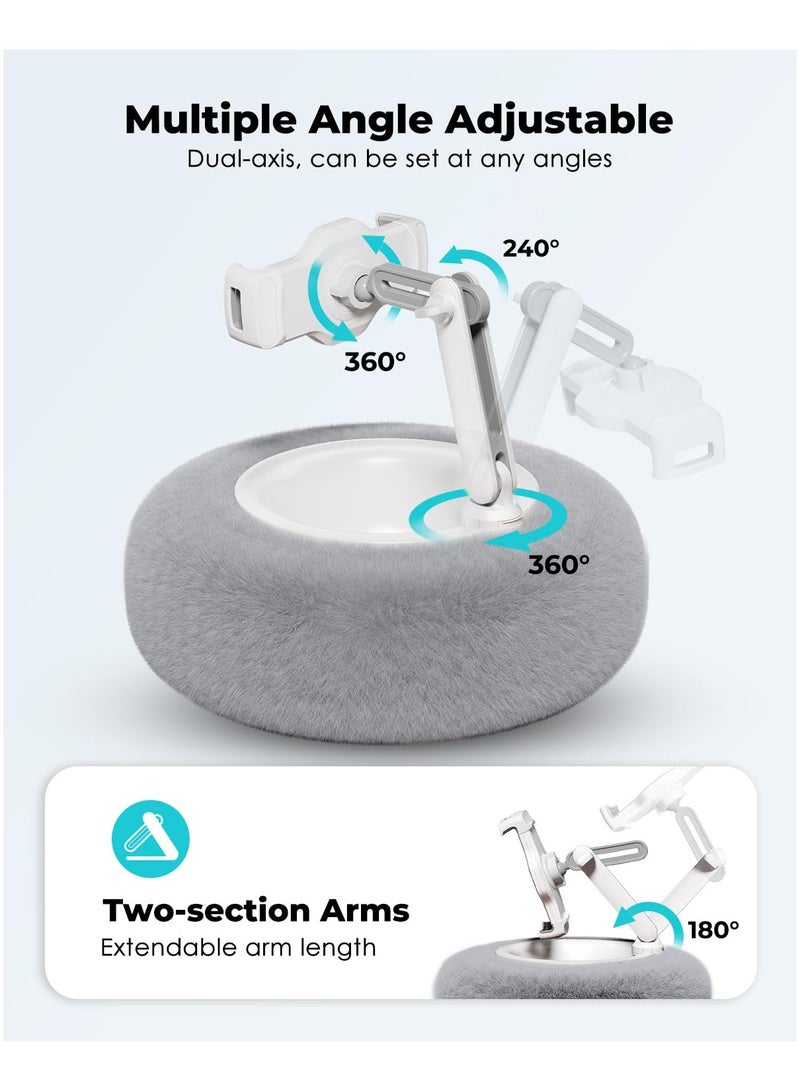 XiuWoo Tablet Stand Round Pillow, Compatible with 4.7-13 inch Phone/Tablet, iPad, iPhone, Samsung,Kindle, 360°Adjustable Phone Holder with Soft Plush Fabric ,with Small Storage Bowl, Removable Suction Base for Stability, Idea for Kindle Reading and Video Watching On Bed,Grey  - Image 4