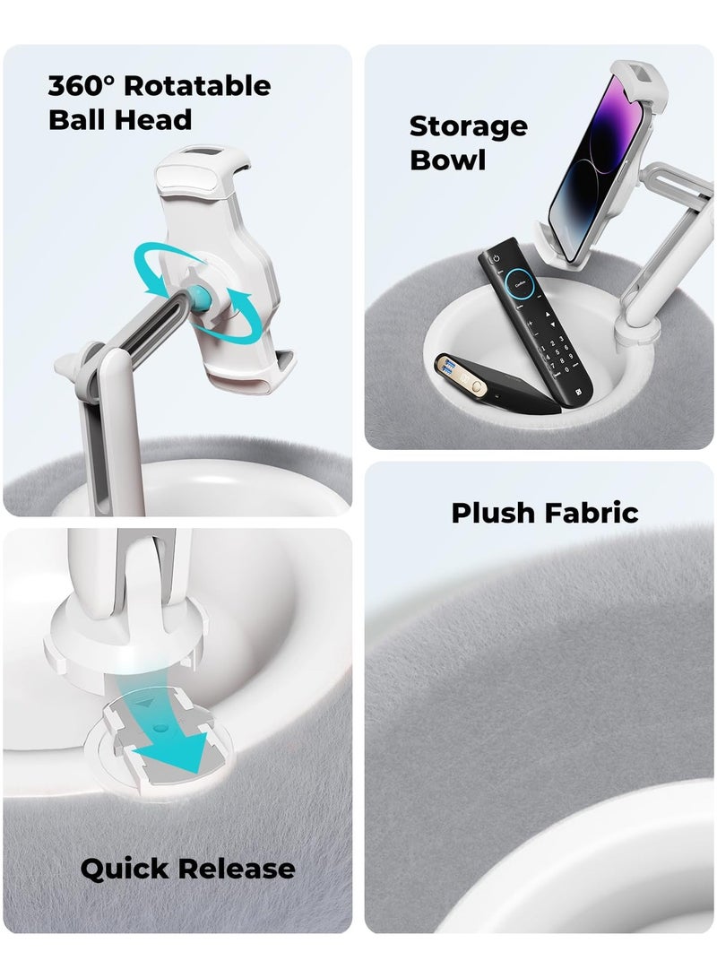 XiuWoo Tablet Stand Round Pillow, Compatible with 4.7-13 inch Phone/Tablet, iPad, iPhone, Samsung,Kindle, 360°Adjustable Phone Holder with Soft Plush Fabric ,with Small Storage Bowl, Removable Suction Base for Stability, Idea for Kindle Reading and Video Watching On Bed,Grey  - Image 5
