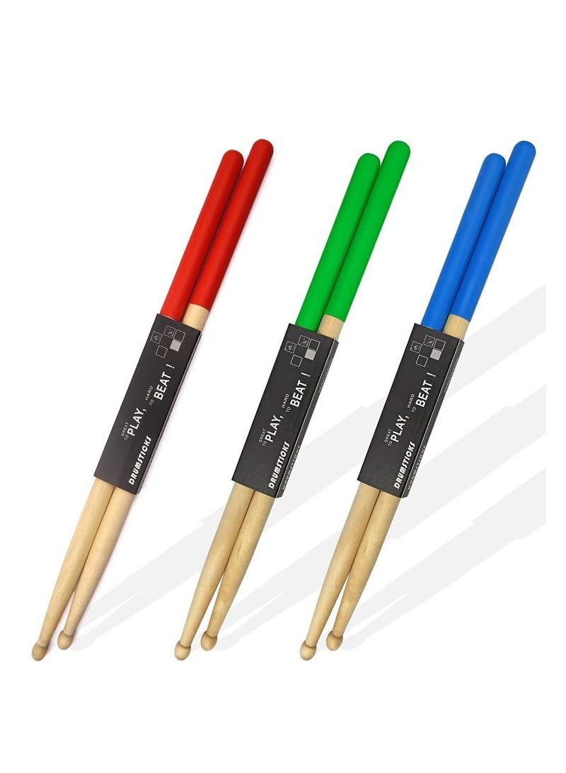 Excefore Drum Sticks Non-Slip, 3 Pair Classic Maple Wood Drumsticks, 5A Drumsticks for Adults, Kids, Students, and Beginners (Red,Blue,Green) - Image 1