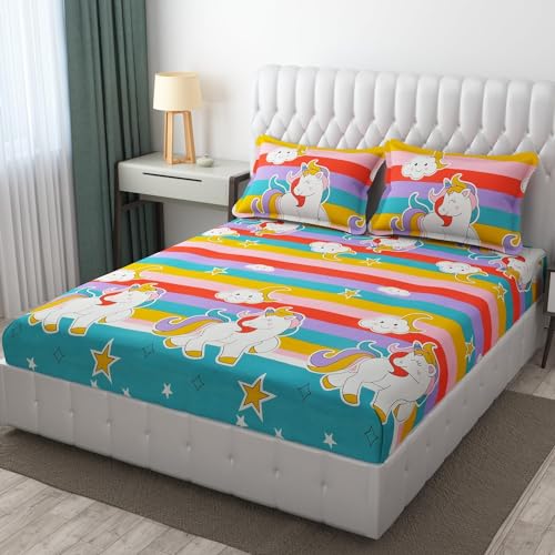 Filymore Unicorn Double Bedsheet Set for Kids Room 240 TC Microfiber Wrinkle Free Soft Hypoallergenic | Cartoon Printed Double Bed Sheet for Standard Bed Size (90x90 Inches)(Multi) - Image 2
