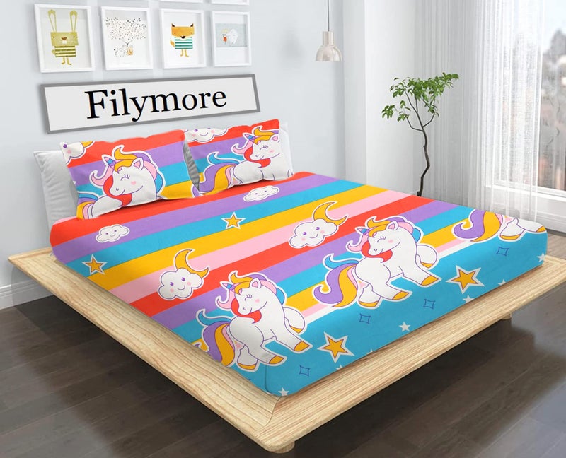 Filymore Unicorn Double Bedsheet Set for Kids Room 240 TC Microfiber Wrinkle Free Soft Hypoallergenic | Cartoon Printed Double Bed Sheet for Standard Bed Size (90x90 Inches)(Multi) - Image 1