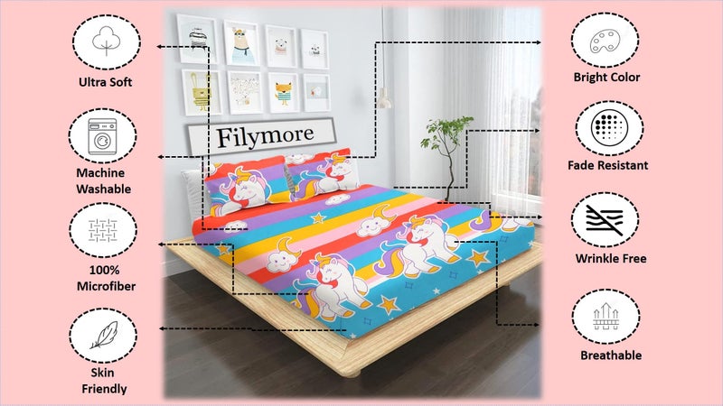 Filymore Unicorn Double Bedsheet Set for Kids Room 240 TC Microfiber Wrinkle Free Soft Hypoallergenic | Cartoon Printed Double Bed Sheet for Standard Bed Size (90x90 Inches)(Multi) - Image 3