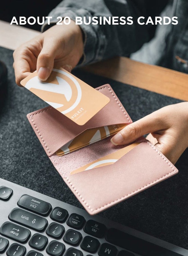 VULKIT Leather Business Card Holder 2 Sided Slim Business Name Card Organizer for Men or Women, Up to hold 20 cards(Rose) - Image 4