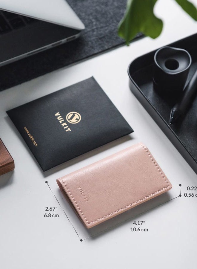 VULKIT Leather Business Card Holder 2 Sided Slim Business Name Card Organizer for Men or Women, Up to hold 20 cards(Rose) - Image 2