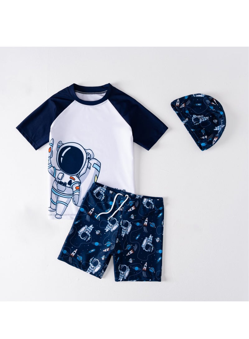 Generic 3 Piece Kids Swimsuit with Cap Set for Boys, Spaceman Print Swimwear Children Swimming Trunks Short Sleeves Clothing Beachwear Bathing Suit for Summer, 110-120cm  - Image 1