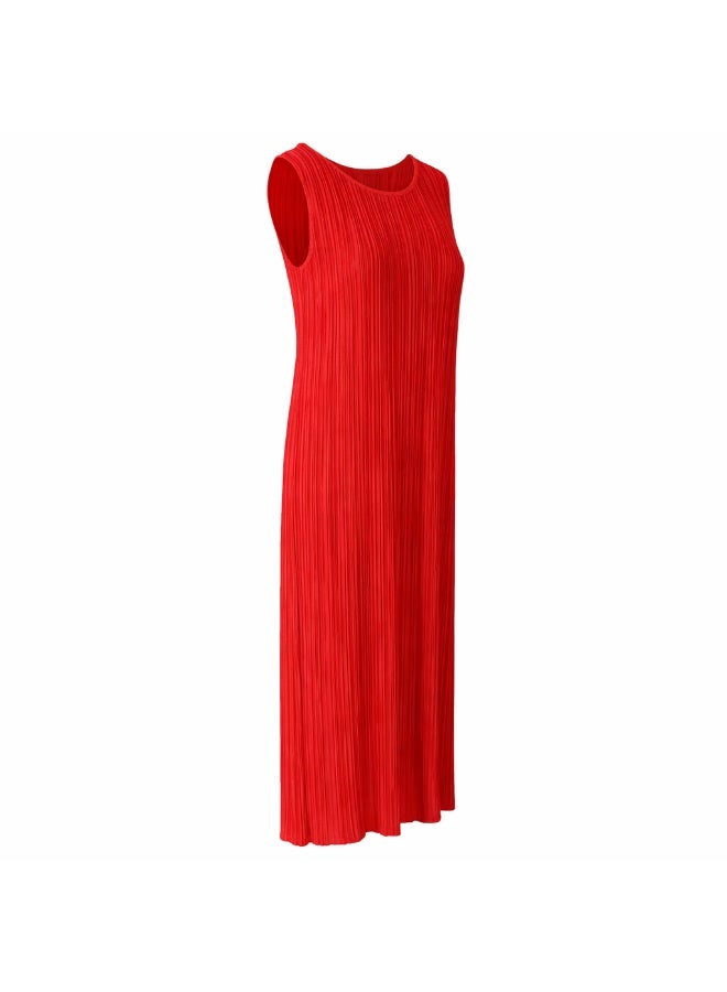 Women's Pleated Maxi Dress, Red, Sleeveless, Breathable Lightweight Fabric, Comfortable Fit, Flowing Silhouette - Image 3