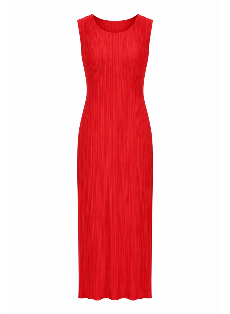 Women's Pleated Maxi Dress, Red, Sleeveless, Breathable Lightweight Fabric, Comfortable Fit, Flowing Silhouette - Image 1