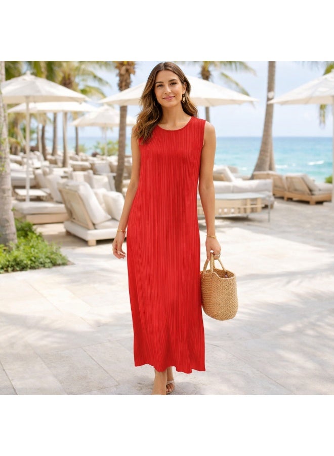 Women's Pleated Maxi Dress, Red, Sleeveless, Breathable Lightweight Fabric, Comfortable Fit, Flowing Silhouette - Image 4