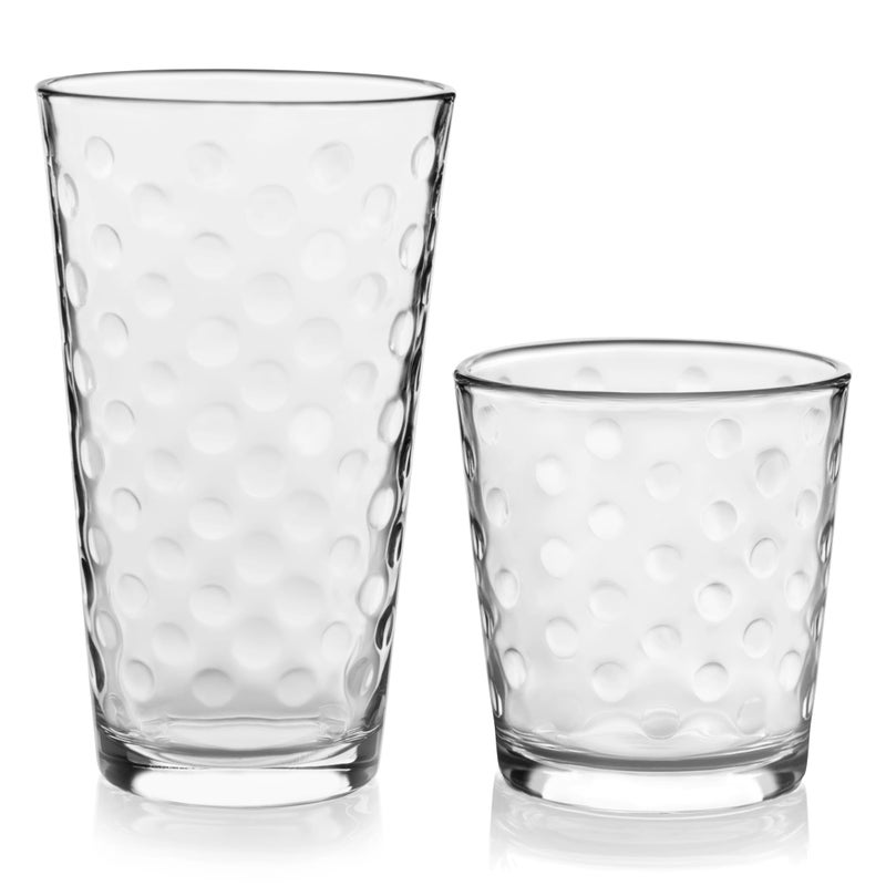 Libbey Awa Tumbler and Rock Glasses Drinking Set Elegant Polka Dot Drinking Glasses Set of 16 All Purpose Glass Cups Set for Events and Everyday Use