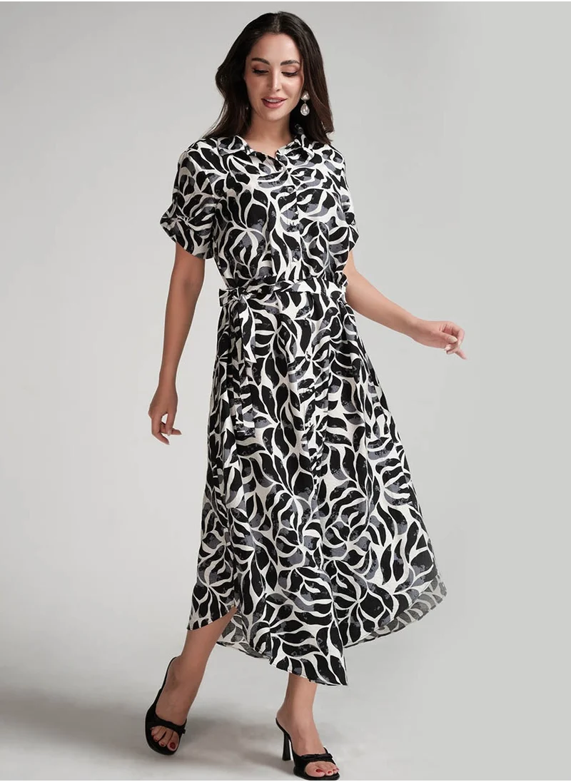 Zigzag Asymmetrical Hem Black Printed Dress