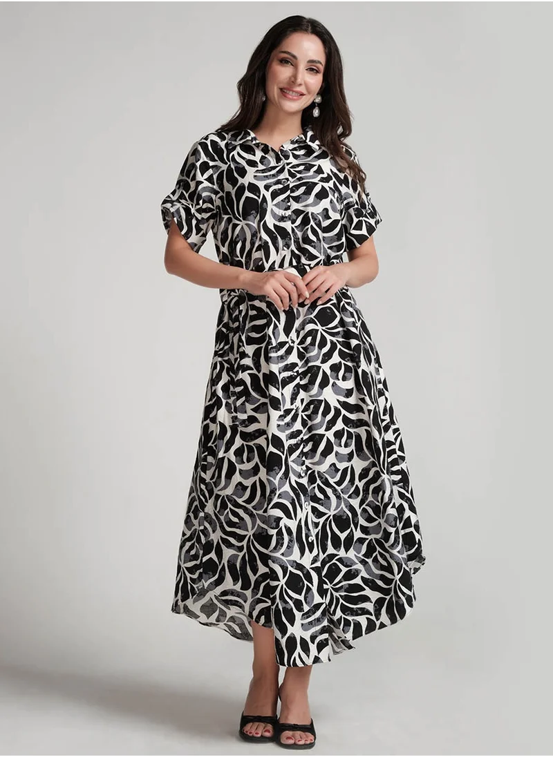 Zigzag Asymmetrical Hem Black Printed Dress