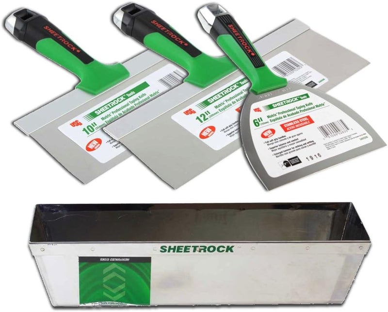 Sheetrock USG Matrix Stainless Steel Drywall Taping Knife Set 6"-10"-12" with Matrix Mud Pan - Image 1