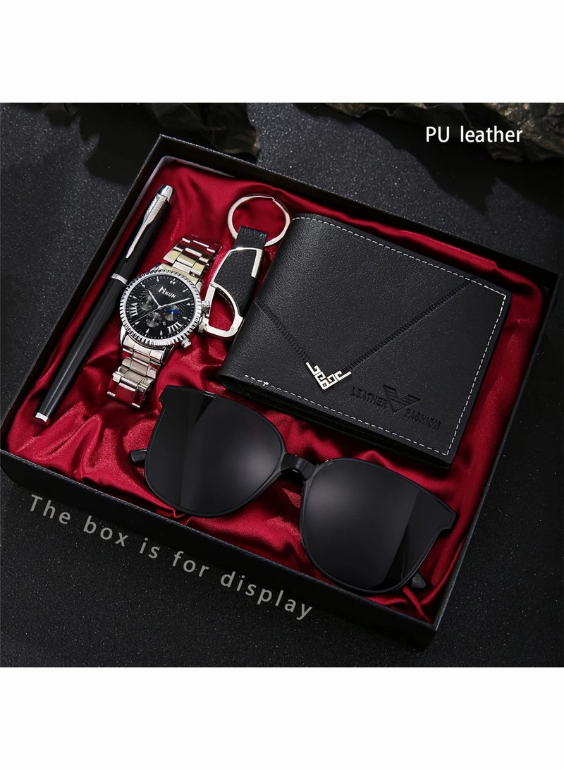 Kun 5pcs Elegant Men's Quartz Watch & Accessory Gift Set - Includes Stylish Fashion Glasses, Wallet, Keychain, Fountain Pen in Faux Leather Display Box - Ideal Trendy Present for Friends - Image 1