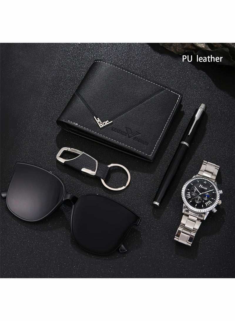 Kun 5pcs Elegant Men's Quartz Watch & Accessory Gift Set - Includes Stylish Fashion Glasses, Wallet, Keychain, Fountain Pen in Faux Leather Display Box - Ideal Trendy Present for Friends - Image 3