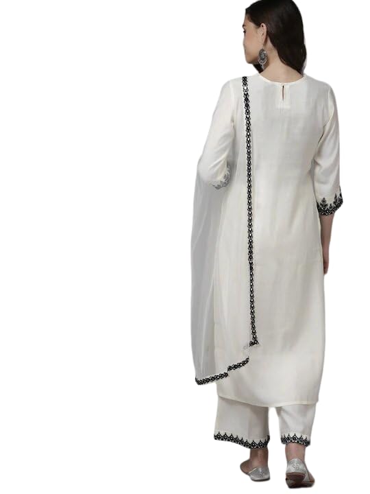 PATLANI Women's Micro Malay Embroidered Straight Kurti Palazzo Pants Set with Dupatta.(White-Black-S) - Image 2