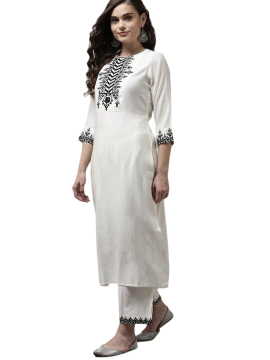PATLANI Women's Micro Malay Embroidered Straight Kurti Palazzo Pants Set with Dupatta.(White-Black-S) - Image 3