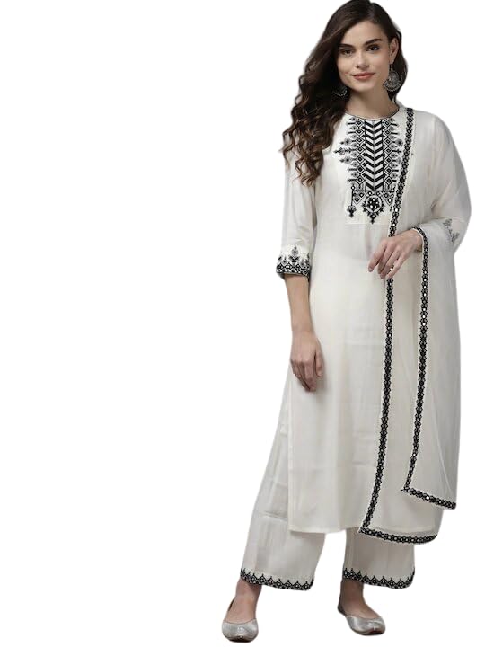 PATLANI Women's Micro Malay Embroidered Straight Kurti Palazzo Pants Set with Dupatta.(White-Black-S) - Image 5