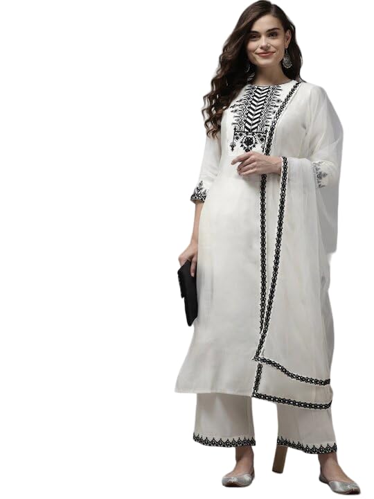 PATLANI Women's Micro Malay Embroidered Straight Kurti Palazzo Pants Set with Dupatta.(White-Black-S) - Image 4