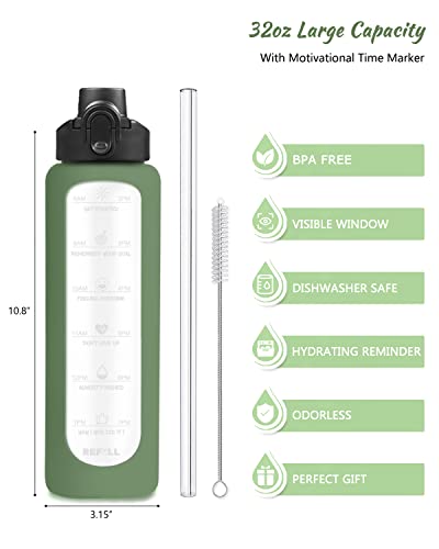 Nefeeko 32 oz Glass Water Bottles with Straw, Time Marker, Motivational 1 Liter BPA FREE Leakproof Reusable Glass Water Bottle with Silicone Sleeve, Bamboo, Spout Lid - Image 2