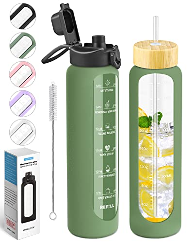 Nefeeko 32 oz Glass Water Bottles with Straw, Time Marker, Motivational 1 Liter BPA FREE Leakproof Reusable Glass Water Bottle with Silicone Sleeve, Bamboo, Spout Lid - Image 1