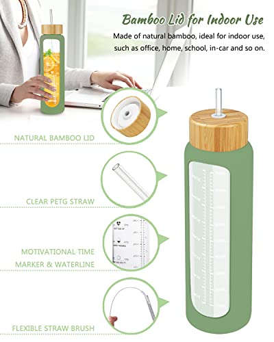 Nefeeko 32 oz Glass Water Bottles with Straw, Time Marker, Motivational 1 Liter BPA FREE Leakproof Reusable Glass Water Bottle with Silicone Sleeve, Bamboo, Spout Lid - Image 5