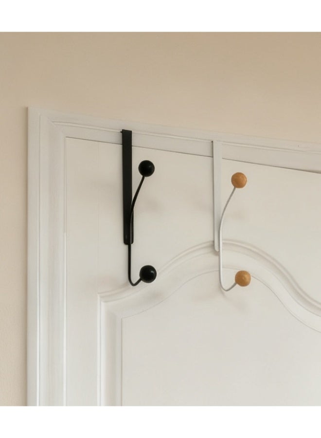 2-Pack Over-The-Door Hooks (1 White & 1 Black) with Wooden Ball Finials, Metal Hanger for Towels, Robes, Coats - Image 1