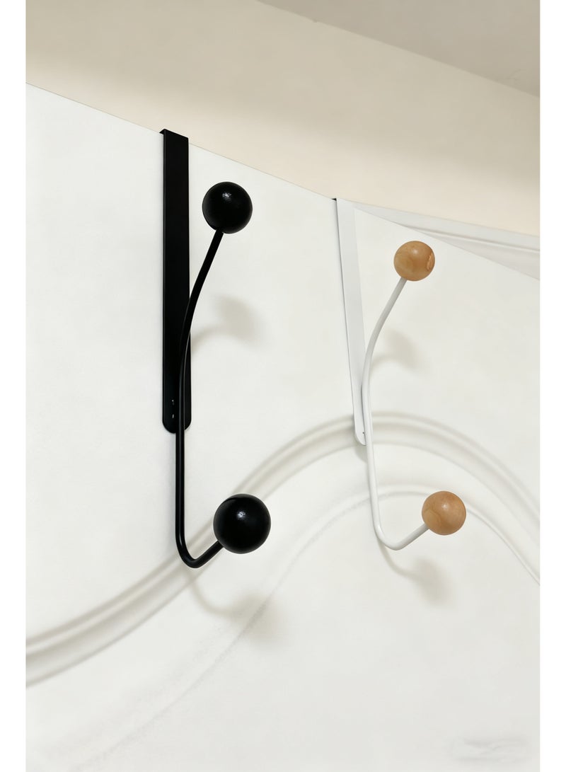 2-Pack Over-The-Door Hooks (1 White & 1 Black) with Wooden Ball Finials, Metal Hanger for Towels, Robes, Coats - Image 3