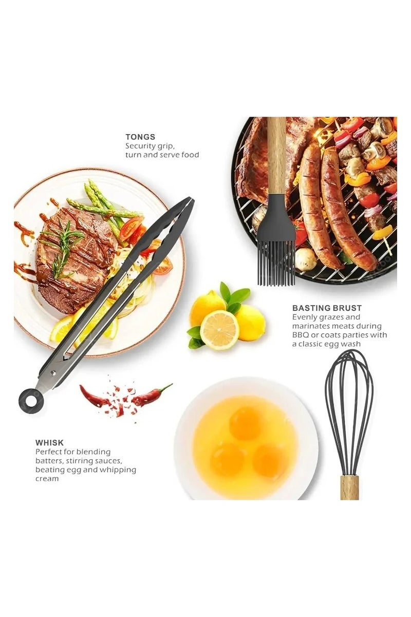 11 قطعة من أدوات الطهي مع مقابض خشبية وأدوات معدنية مقاومة للحرارة وأدوات مائدة سيليكونية ومجرفة سيليكونية ومكشطة ملعقة وإكسسوارات مطبخ - Image 4