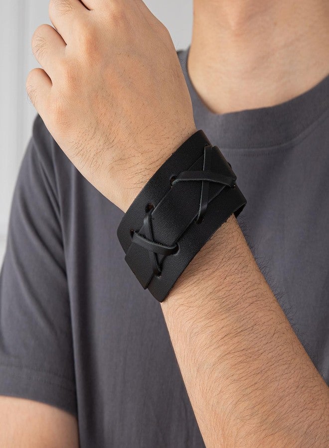 أساور رانتانتو الجلدية الأصلية المضفرة، أساور جلدية عصرية عتيقة الطراز، أساور بوهيمية غربية قابلة للتعديل، مجوهرات للرجال والنساء (ضفيرة X سوداء) - Image 3