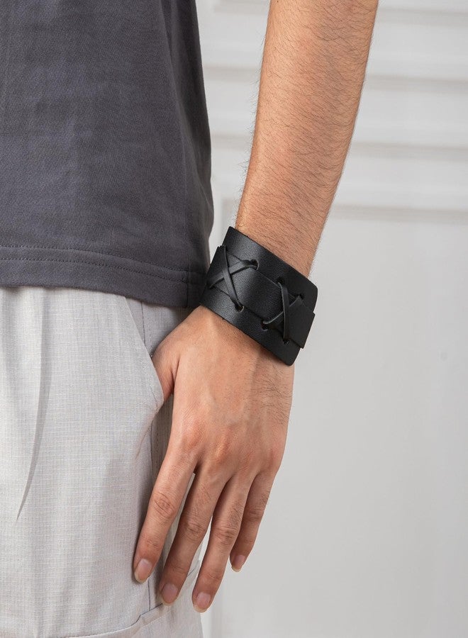 أساور رانتانتو الجلدية الأصلية المضفرة، أساور جلدية عصرية عتيقة الطراز، أساور بوهيمية غربية قابلة للتعديل، مجوهرات للرجال والنساء (ضفيرة X سوداء) - Image 2