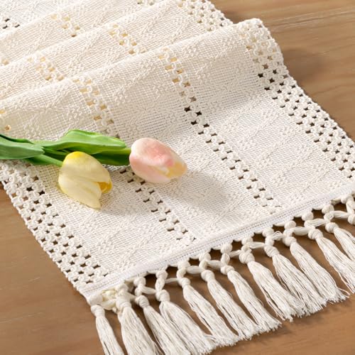 Socomi Boho Table Runner Fall Thanksgiving Farmhouse Rustic Dining Kitchen Centerpiece Decor Small Macrame Woven Cotton Linen Coffee Table Runner for Dresser Scarf Home Decor 12x36 inch Cream Ivory - Image 1