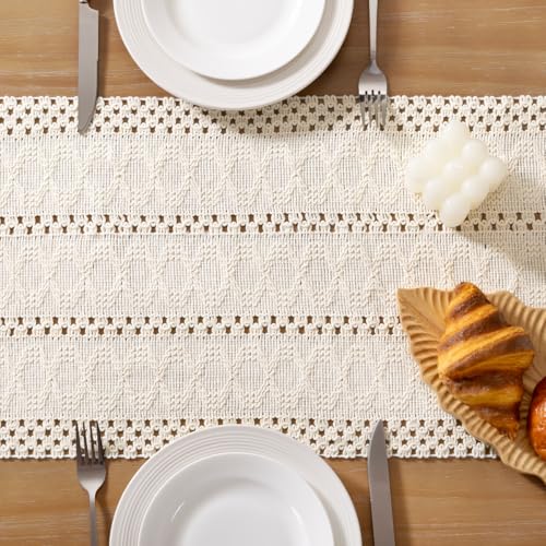 Socomi Boho Table Runner Fall Thanksgiving Farmhouse Rustic Dining Kitchen Centerpiece Decor Small Macrame Woven Cotton Linen Coffee Table Runner for Dresser Scarf Home Decor 12x36 inch Cream Ivory - Image 5