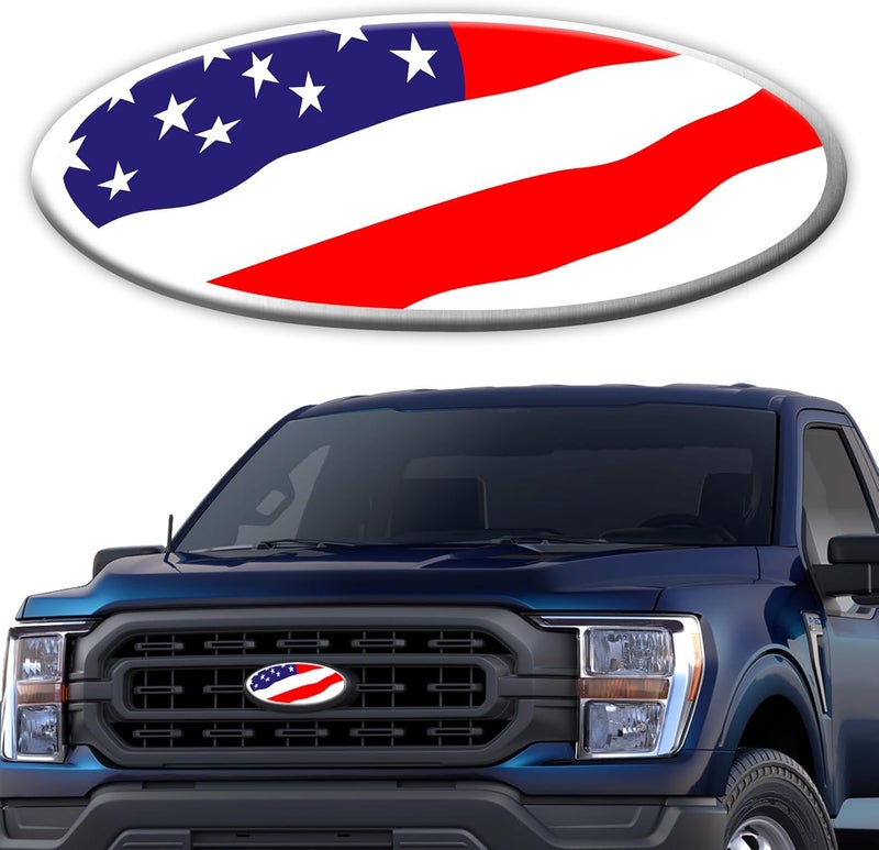 Hirificing Tailgate Emblem for Ford F150 F250 F350 Colorful American Flag 9 Inch Front Grill Emblem for Ford Emblem, Aluminum Oval Overlay Front Grill Rear Tailgate American Flag Decal Badge(Chroma) Polished safe edge - Image 1