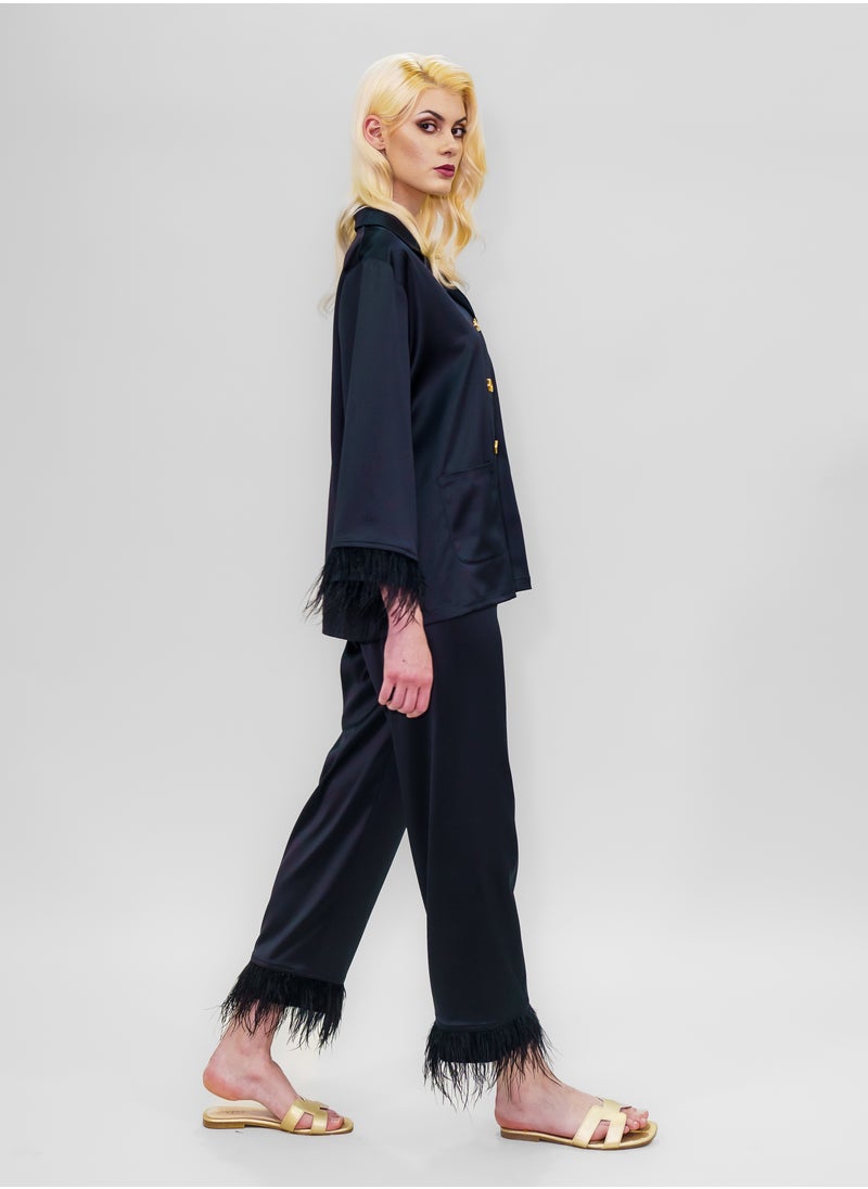 BITOLIA GALLERY Top and Pants Set Loungewear Taffeta Black Natural Feathers  - Image 4