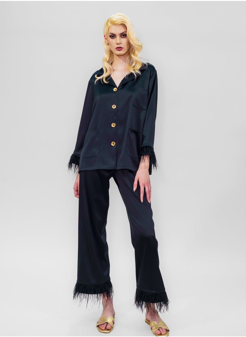 BITOLIA GALLERY Top and Pants Set Loungewear Taffeta Black Natural Feathers  - Image 1