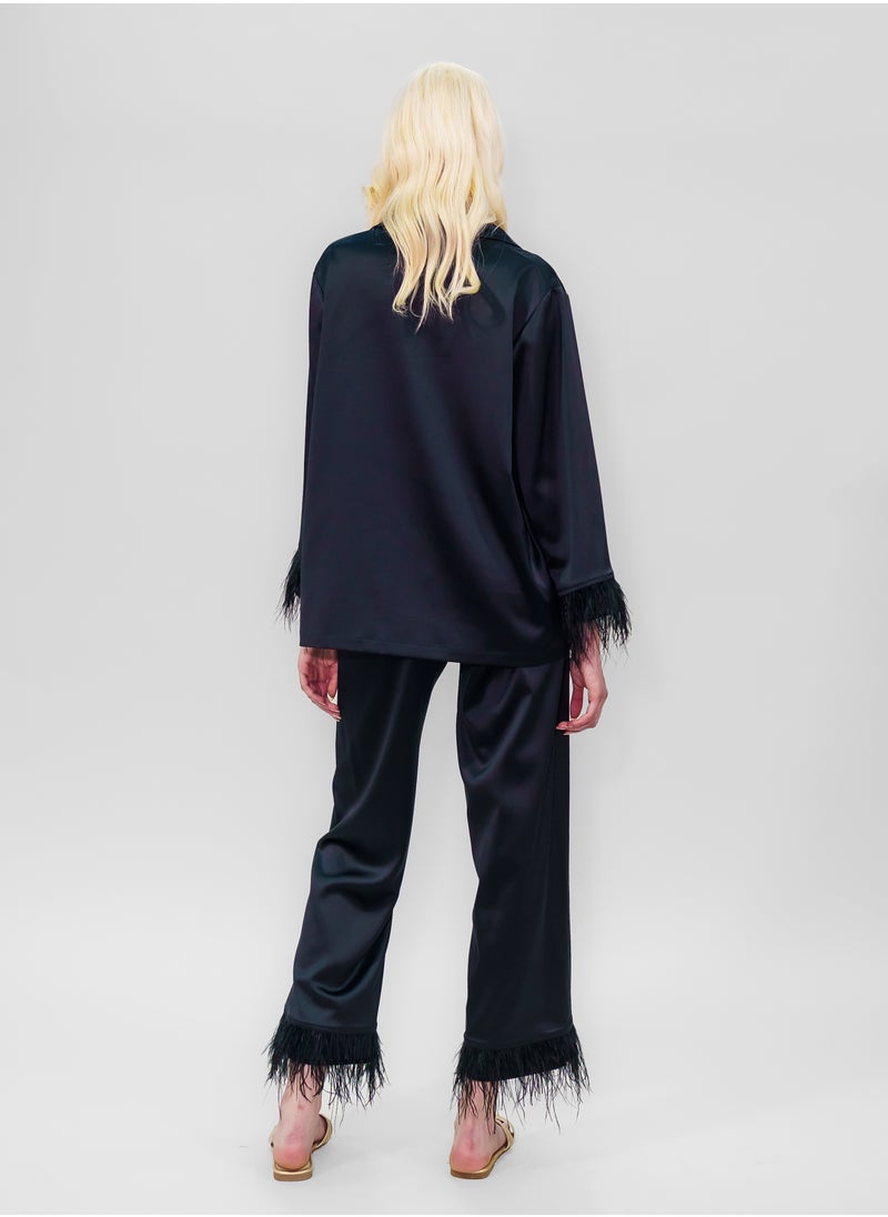 BITOLIA GALLERY Top and Pants Set Loungewear Taffeta Black Natural Feathers  - Image 2