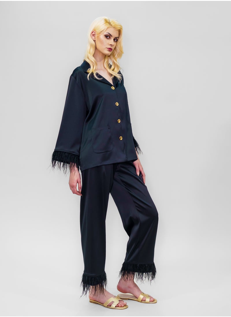 BITOLIA GALLERY Top and Pants Set Loungewear Taffeta Black Natural Feathers  - Image 3
