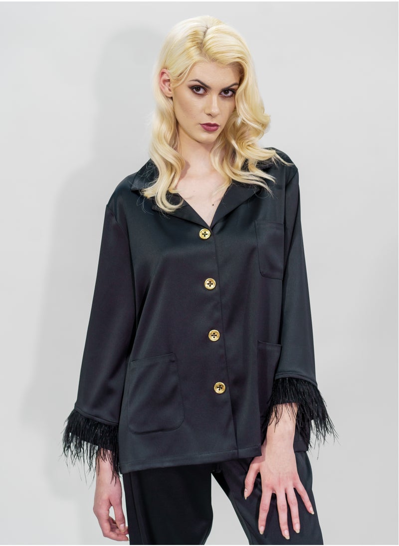 BITOLIA GALLERY Top and Pants Set Loungewear Taffeta Black Natural Feathers  - Image 5