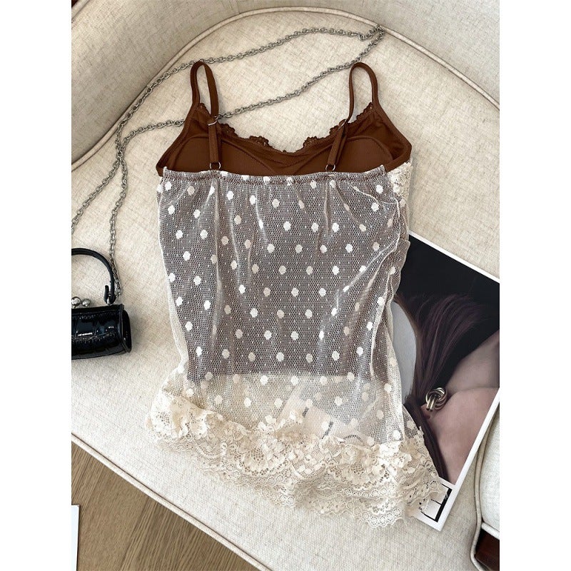 Polka Dot Lace Camisole Top with Padded Bust for Women - Image 5