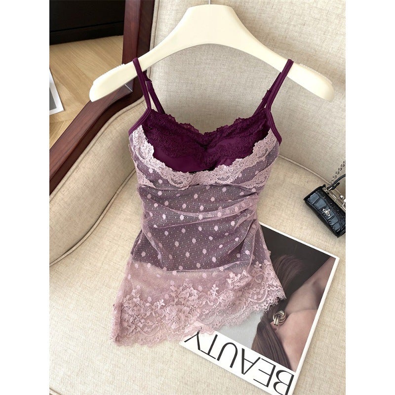 Polka Dot Lace Camisole Top with Padded Bust for Women - Image 2