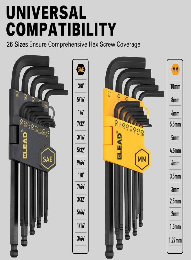 ELEAD مجموعة مفاتيح سداسية من ELEAD Allen Wrench: مجموعة مفاتيح سداسية متينة فاخرة مكونة من 27 قطعة بمقبض، وذراع طويل وقصير مع طرف كروي، ومجموعة مفاتيح ألين بمقاس متري وSAE، وتخزين منظم - Image 2