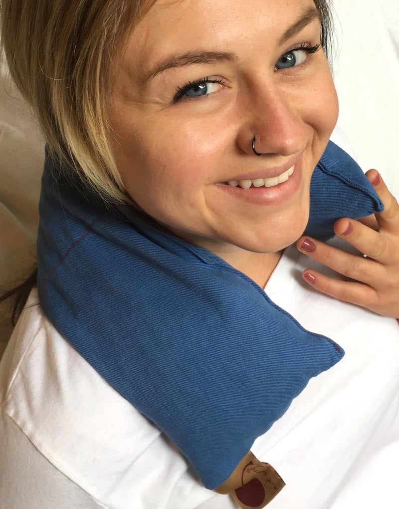 Hot Cherry Neck Wrap Blue Denim Cherry Pit-Stone Pillow, Microwavable Hot/Cold Compress, Sustainable Moist Heat Pack, Shoulder Pain Relief, Washable, Spa Gift - Image 1