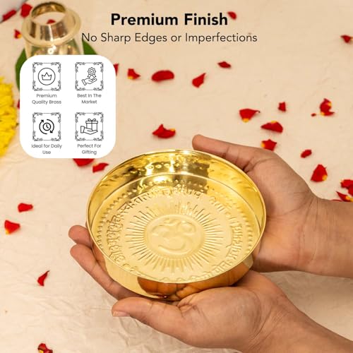 Ekhasa Pure Brass Prasad Plate for Pooja | OM Design Multipurpose Prasadam Plate for Pooja | Brass Plate for Prasad | Bhog Thali for Pooja | Pital Diya Roli Chawal Kumkum Thali for Puja - Image 4