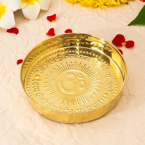 Ekhasa Pure Brass Prasad Plate for Pooja | OM Design Multipurpose Prasadam Plate for Pooja | Brass Plate for Prasad | Bhog Thali for Pooja | Pital Diya Roli Chawal Kumkum Thali for Puja - Image 1