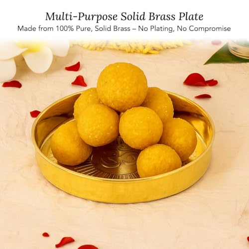 Ekhasa Pure Brass Prasad Plate for Pooja | OM Design Multipurpose Prasadam Plate for Pooja | Brass Plate for Prasad | Bhog Thali for Pooja | Pital Diya Roli Chawal Kumkum Thali for Puja - Image 2