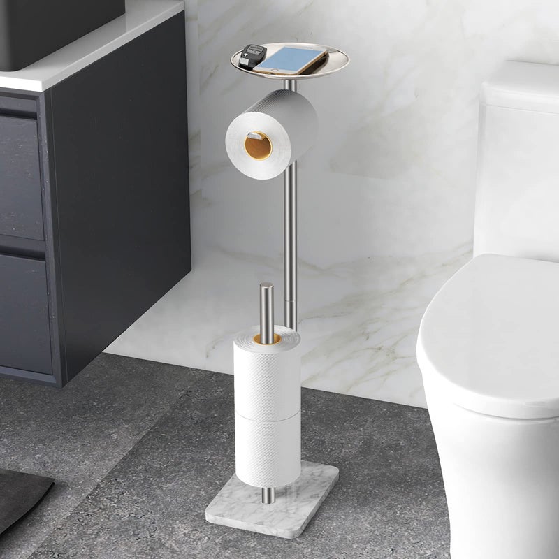 FEILERN FEILERN Toilet Paper Holder Stand for Bathroom Floor Standing Toilet Roll Dispenser Storages 4 Reserve Rolls  with Top Storage Shelf for Cell Phones  Wipe  Wallet and More(Marble Brush Nickel)  - Image 1