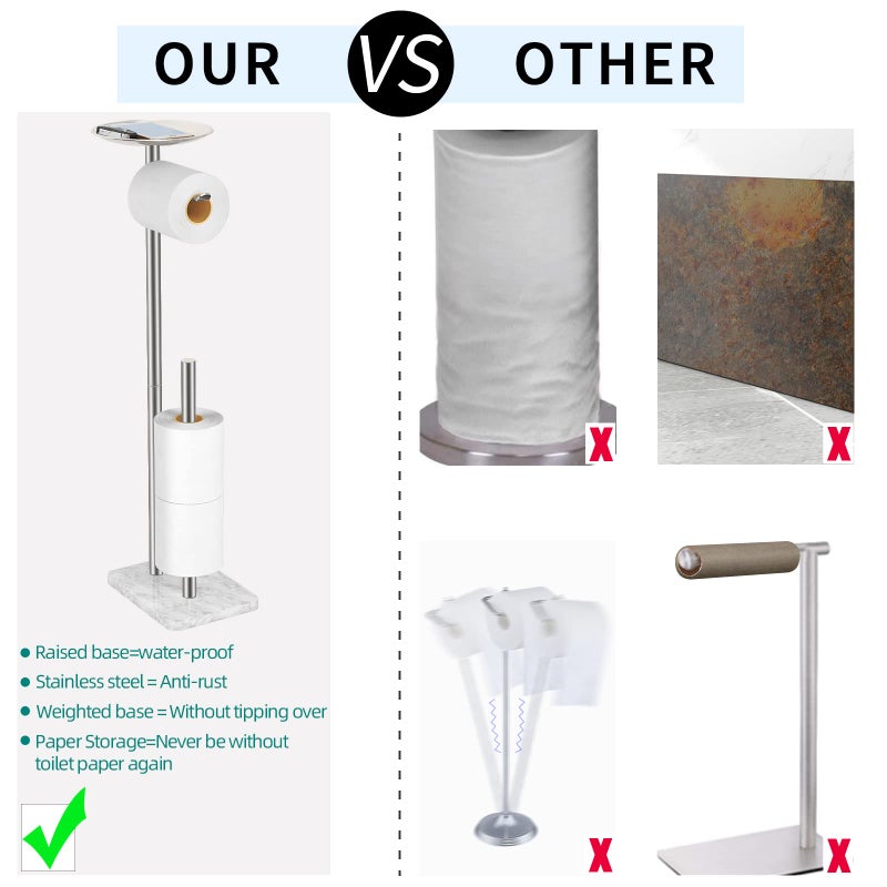 FEILERN FEILERN Toilet Paper Holder Stand for Bathroom Floor Standing Toilet Roll Dispenser Storages 4 Reserve Rolls  with Top Storage Shelf for Cell Phones  Wipe  Wallet and More(Marble Brush Nickel)  - Image 4
