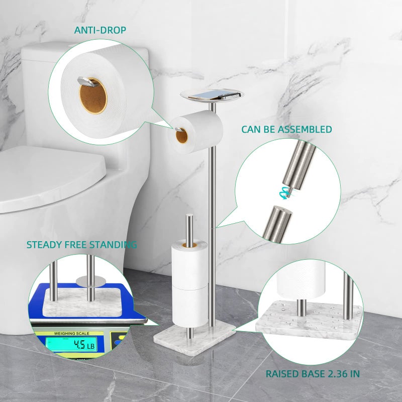 FEILERN FEILERN Toilet Paper Holder Stand for Bathroom Floor Standing Toilet Roll Dispenser Storages 4 Reserve Rolls  with Top Storage Shelf for Cell Phones  Wipe  Wallet and More(Marble Brush Nickel)  - Image 3